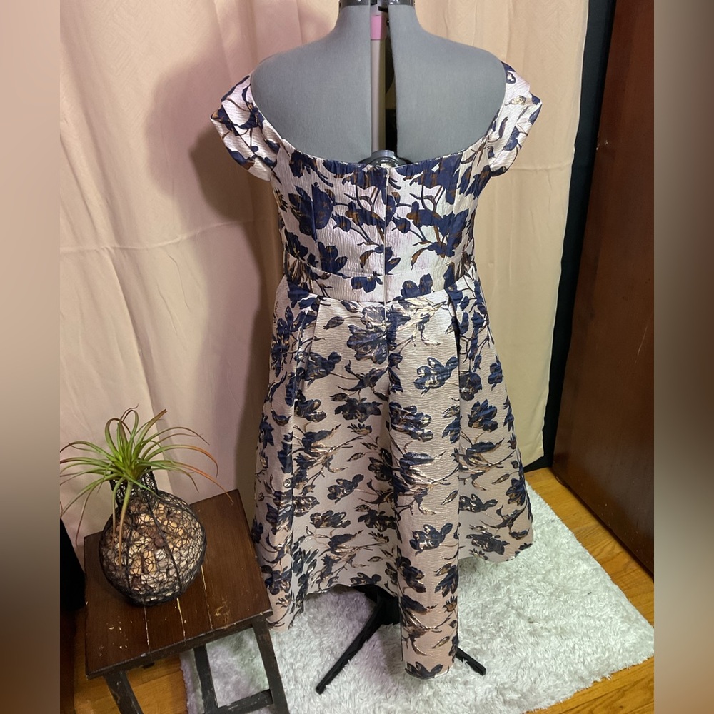 Oleg Cassini Metallic Brocade Off The Shoulder High Low Dress - Picture 11 of 15